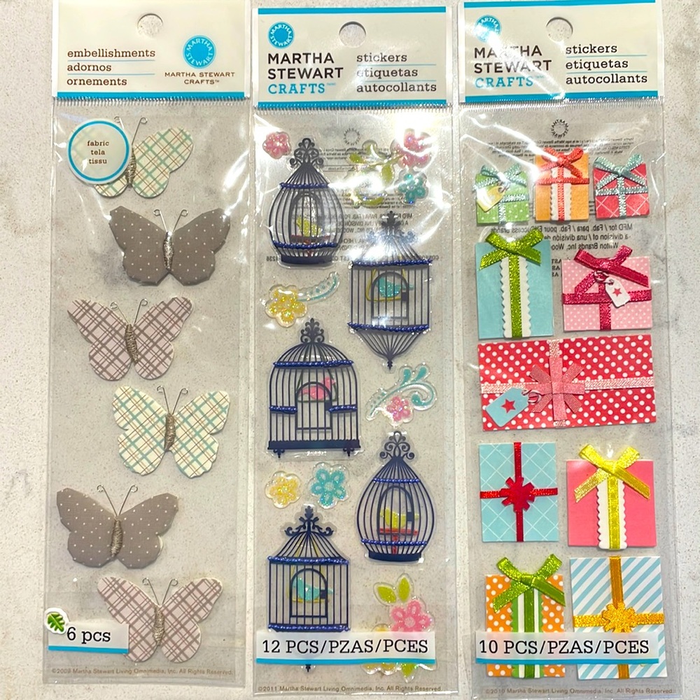 Lot of 28 Martha Stewart Craft Stickers - presents, birds, birdcage, butterflies